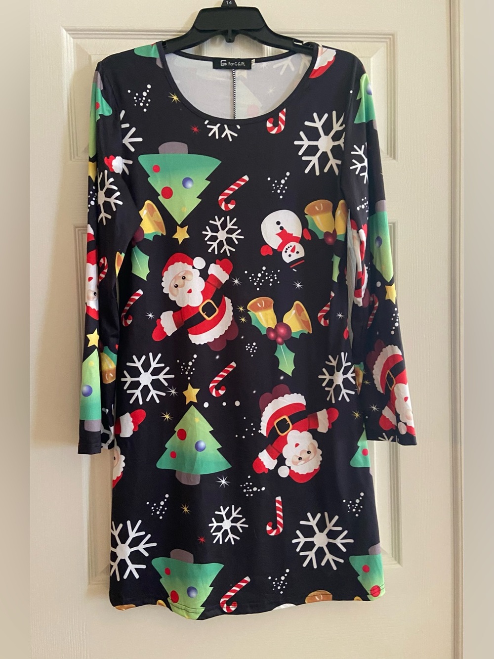 Womens Christmas Santa & Tree Long Sleeve Dress - Black/Green/Red